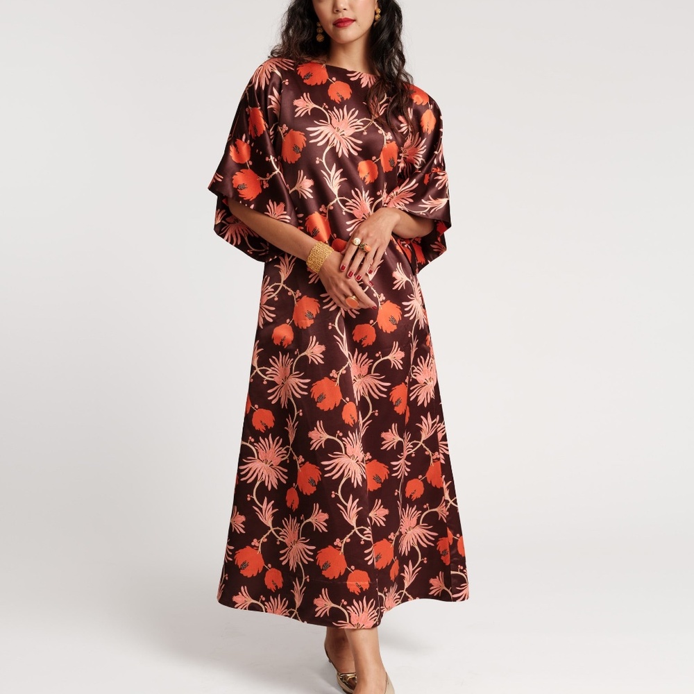 Frances Valentine Spinnaker Satin Maxi Dress  Brown, Pink and Orange Kaftan 3X